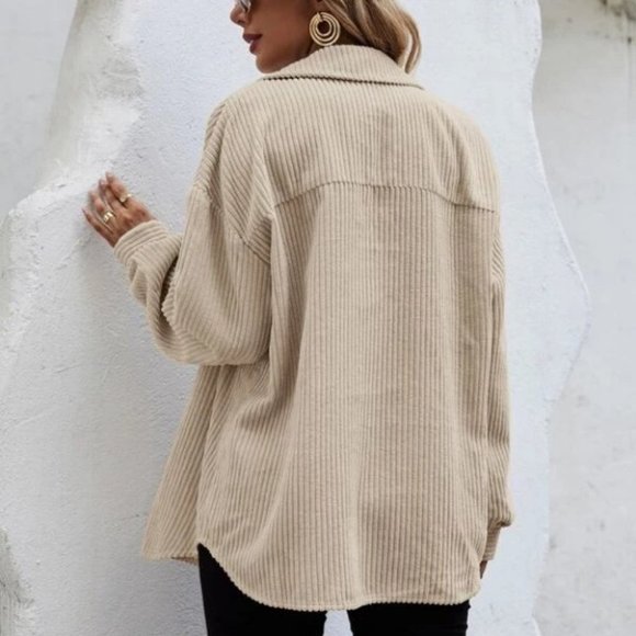 Casual Trendy Corduroy Flap Pocket Button down shirt Shacket jacket Coat beige - Picture 2 of 6